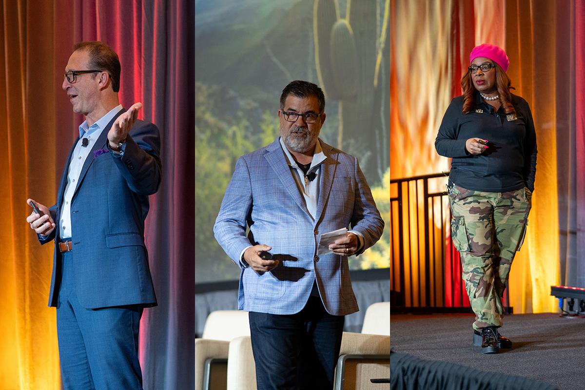 DEAMcon25-presenters-1200x800 Triptych of three different people presenting on stage