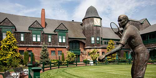 Historic grass tennis courts and museum grounds at the International Tennis Hall of Fame in Newport, Rhode Island.