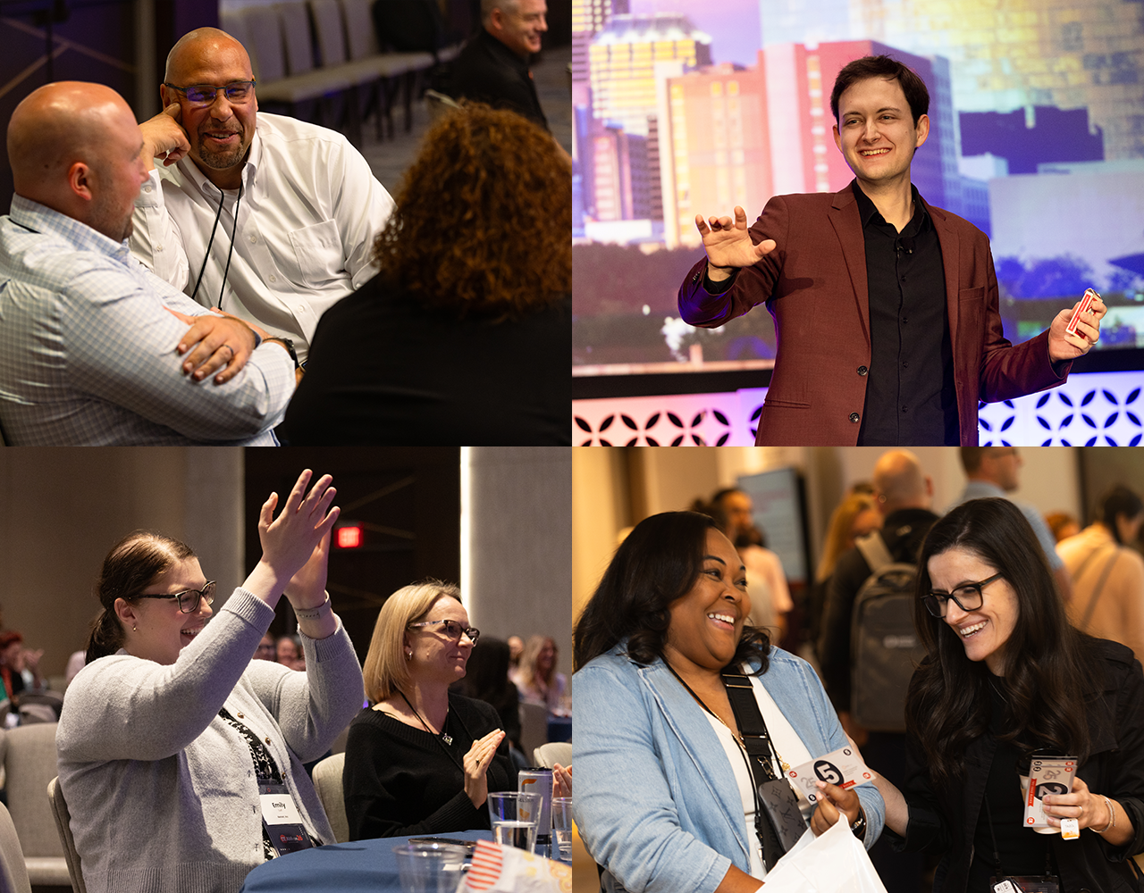deamcon26-gallery DEAMcon26 photo collage featuring attendees networking, applauding, and enjoying a magician’s performance.