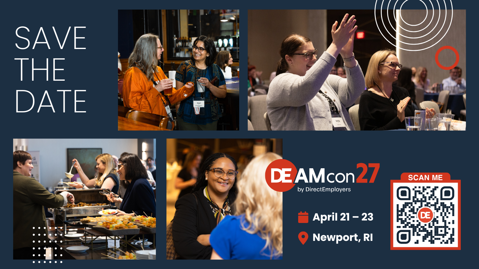 deamcon26-save-the-date Alt text: DEAMcon27 save-the-date graphic featuring attendees networking, dining, and participating in conference sessions, with event details for April 21–23 in Newport, Rhode Island and a QR code for more information.